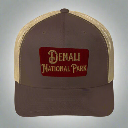 Denali National Park sign embroidered trucker hat shown from alternate product angle