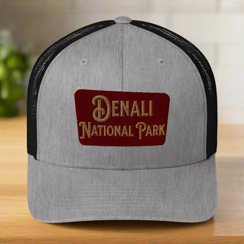 Denali National Park sign embroidered trucker hat shown from alternate product angle