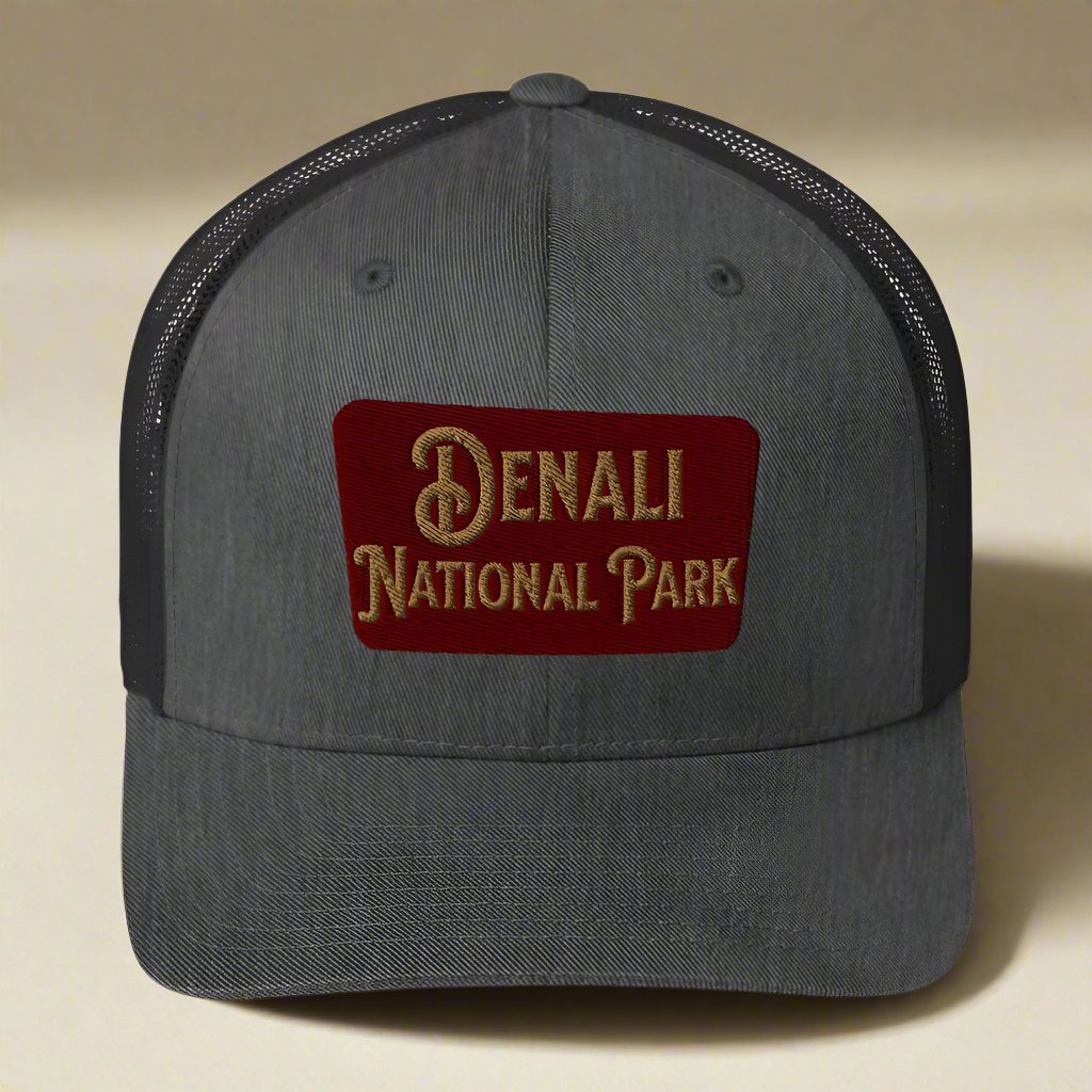 Denali National Park sign embroidered trucker hat shown from alternate product angle