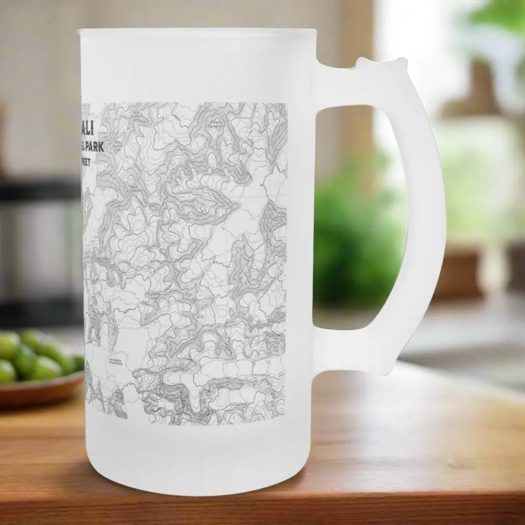 Denali National Park topographic pint beer mug shown from alternate product angle