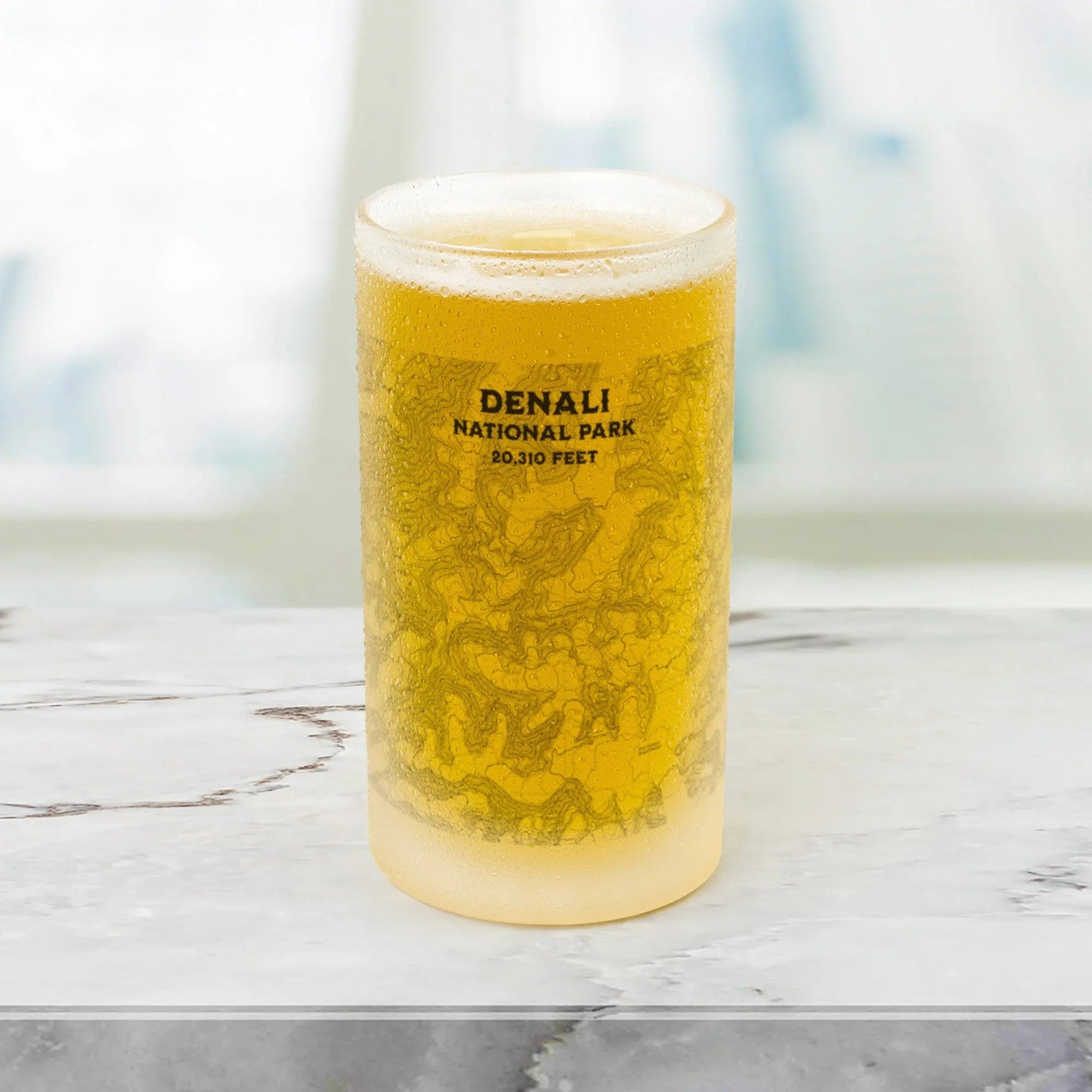 Denali National Park topographic pint beer mug shown from alternate product angle