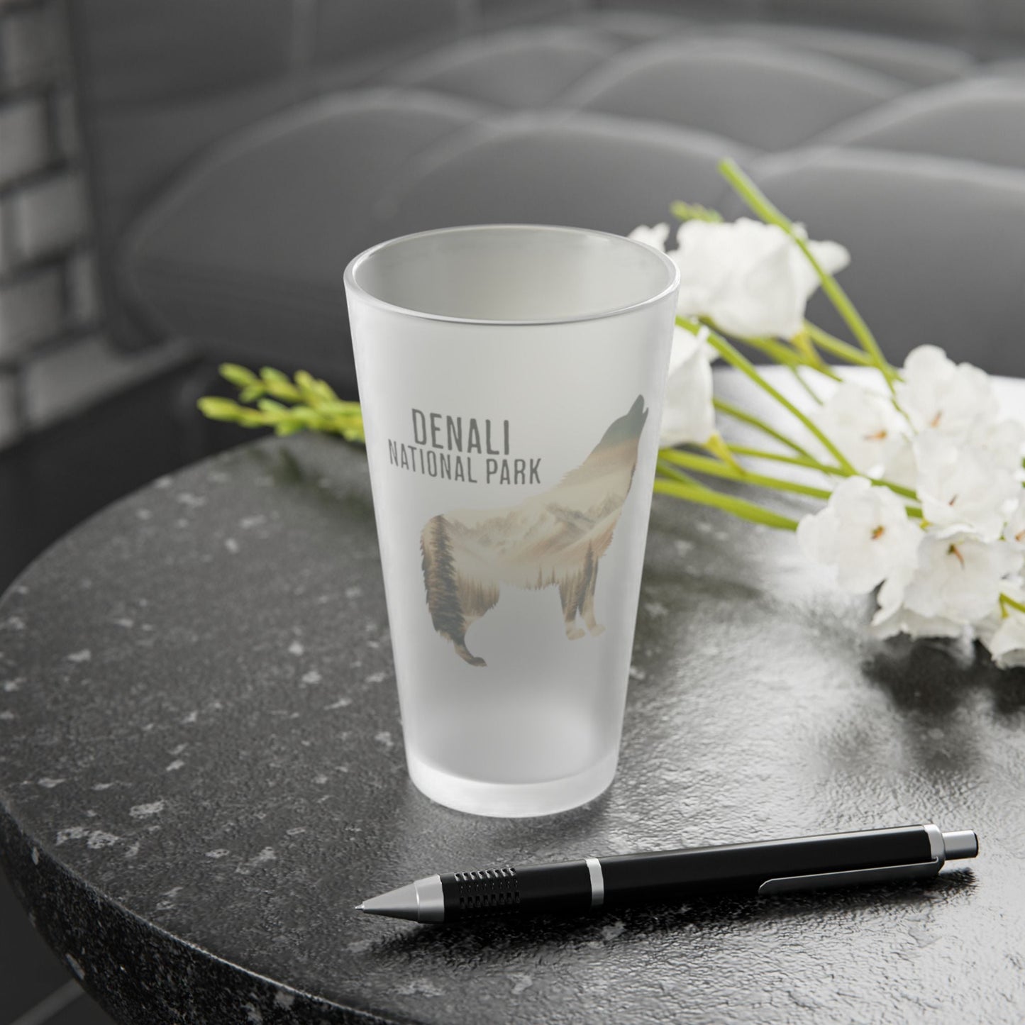 Denali National Park wolf frosted pint glass design detail or product variation