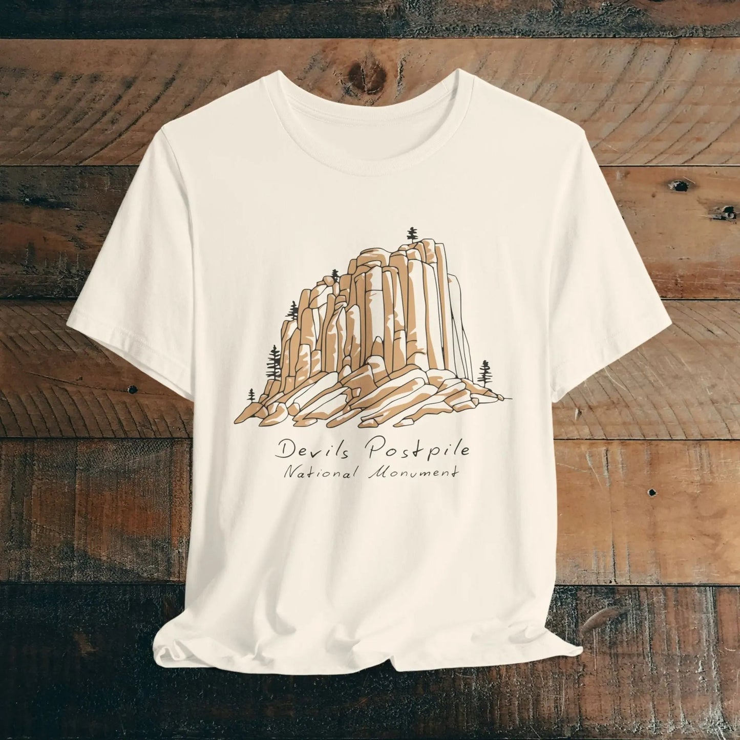 Devils Postpile National Monument Mammoth Lakes California graphic t-shirt shown in lifestyle or modeled setting