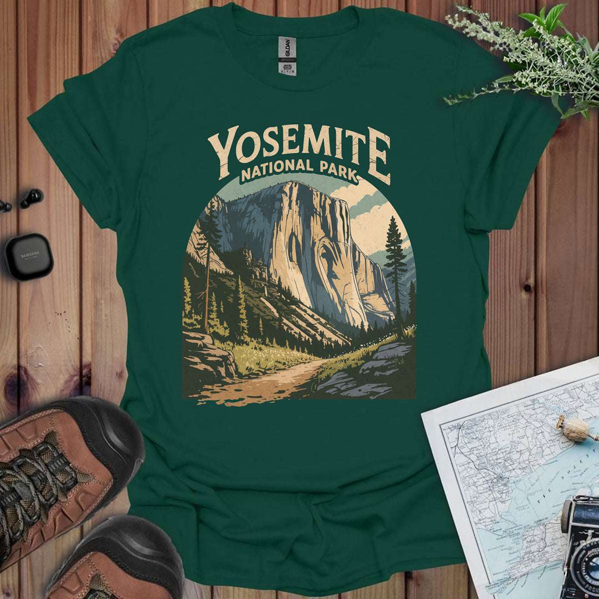 El Capitan Yosemite Valley graphic t-shirt shown in lifestyle or modeled setting