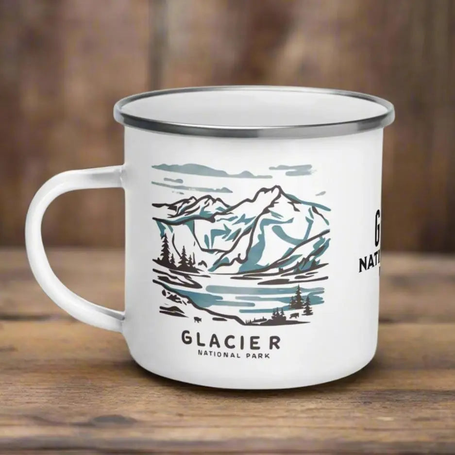 Glacier National Park Watercolor Art Durable Enamel Camp Mug Park Service Apparel