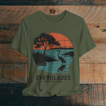 Everglades National Park retro sunset logo graphic t-shirt shown in lifestyle or modeled setting