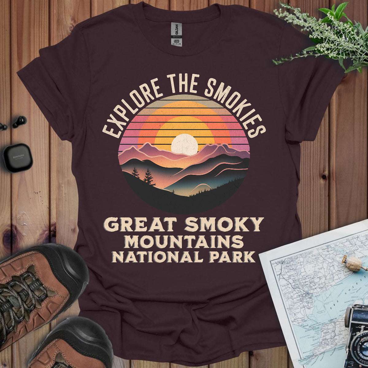 Explore the Smokies Great Smoky Mountains graphic t-shirt shown in lifestyle or modeled setting