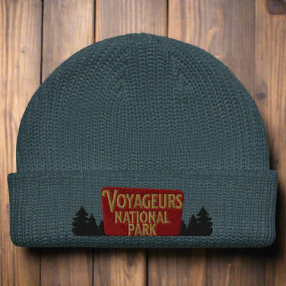 Voyageurs National Park Sign Embroidered Beanie hat Park Service Apparel Petrol Blue