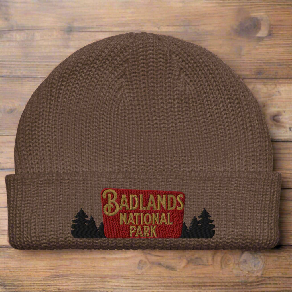 Badlands National Park Wharf Fisherman Style Embroidered Beanie hat Park Service Apparel Walnut
