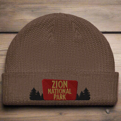 Zion National Park Sign Embroidered Wharf Style Beanie hat Park Service Apparel Walnut