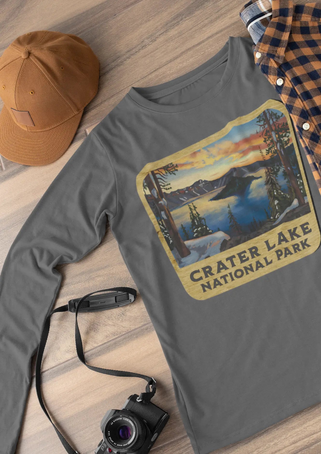 Crater Lake National Park Unisex Fit Long Sleeve T-shirt Wood Sign Graphic Long-sleeve Printify