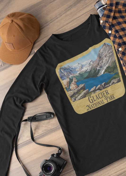 Glacier National Park Unisex Fit Long Sleeve T-Shirt Mountain View Wood Sign Long-sleeve Printify
