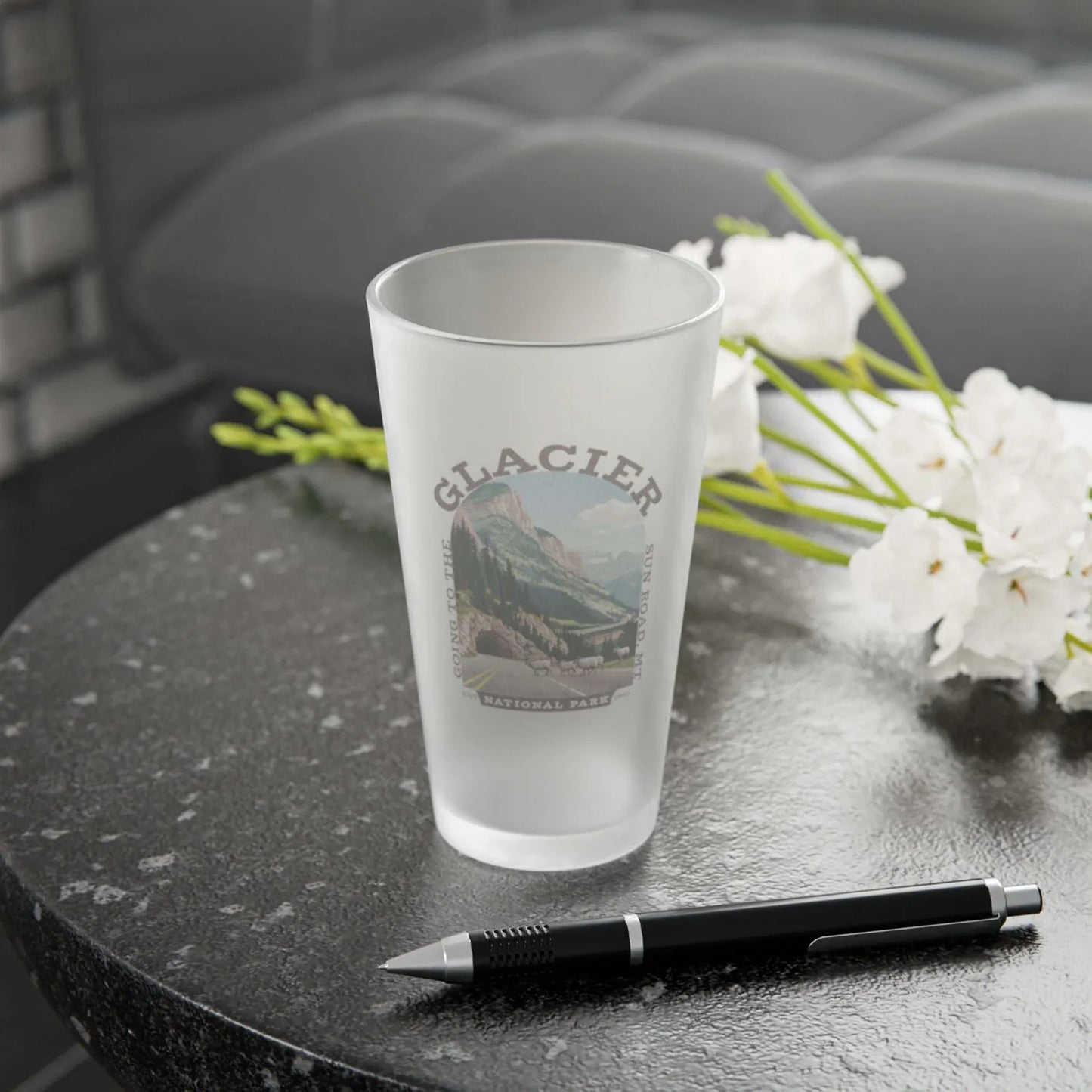 Glacier Going-to-the-Sun Road frosted pint glass alternate product angle