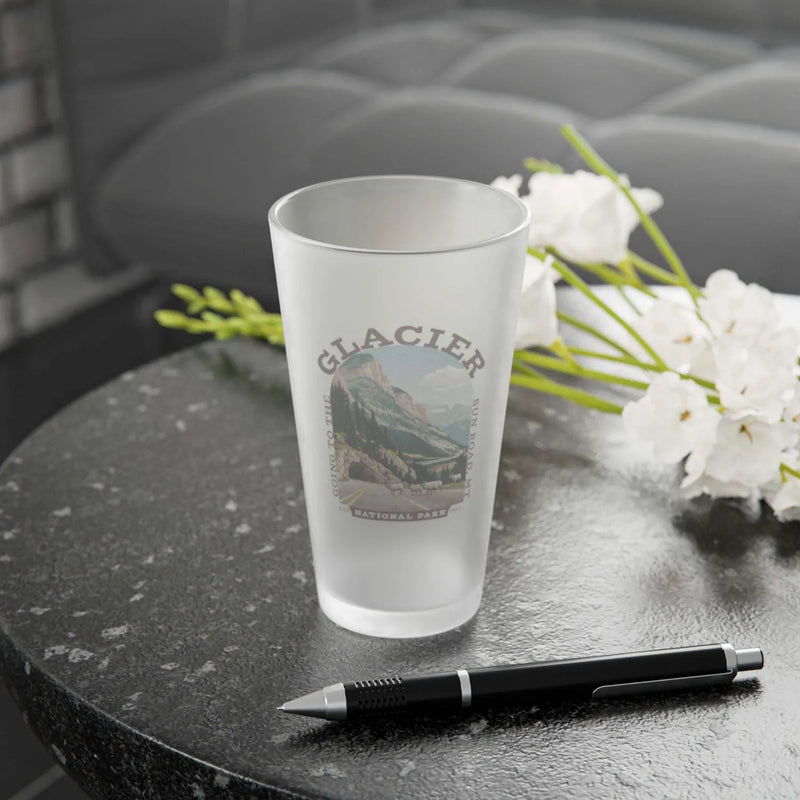 Glacier Going-to-the-Sun Road frosted pint glass alternate product angle