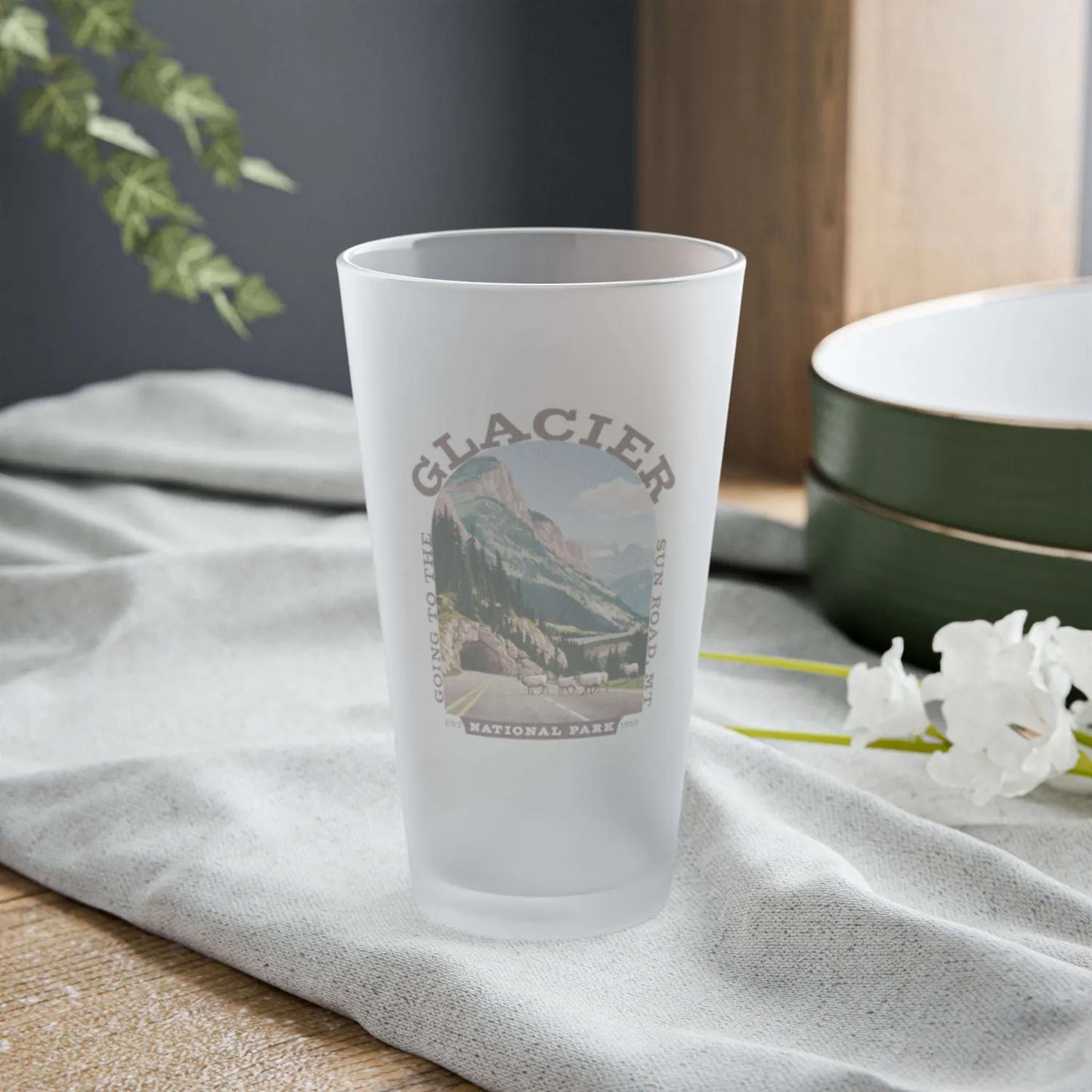Glacier Going-to-the-Sun Road frosted pint glass alternate product angle