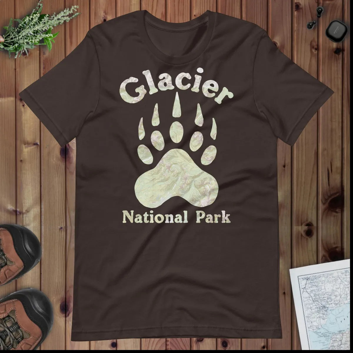 Glacier Grizzly Paw Topo Map T-shirt - Parks Apparel