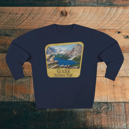 Glacier National Park wood sign crewneck sweatshirt shown in alternate apparel color