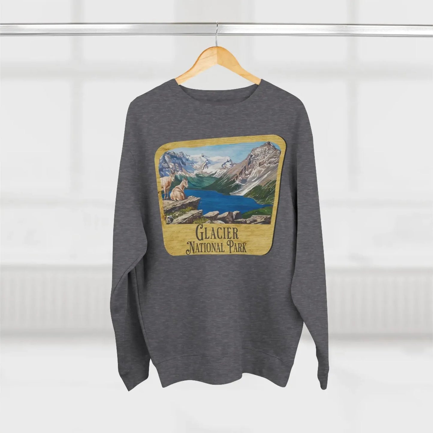Glacier National Park wood sign crewneck sweatshirt shown in lifestyle or modeled setting