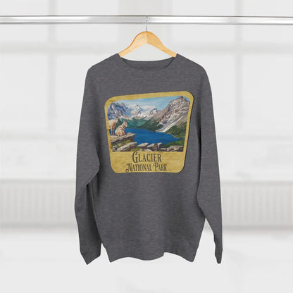 Glacier National Park wood sign crewneck sweatshirt shown in lifestyle or modeled setting