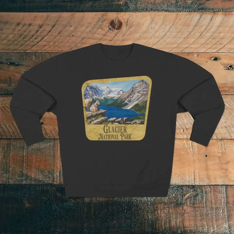 Glacier National Park wood sign crewneck sweatshirt detail or alternate product view
