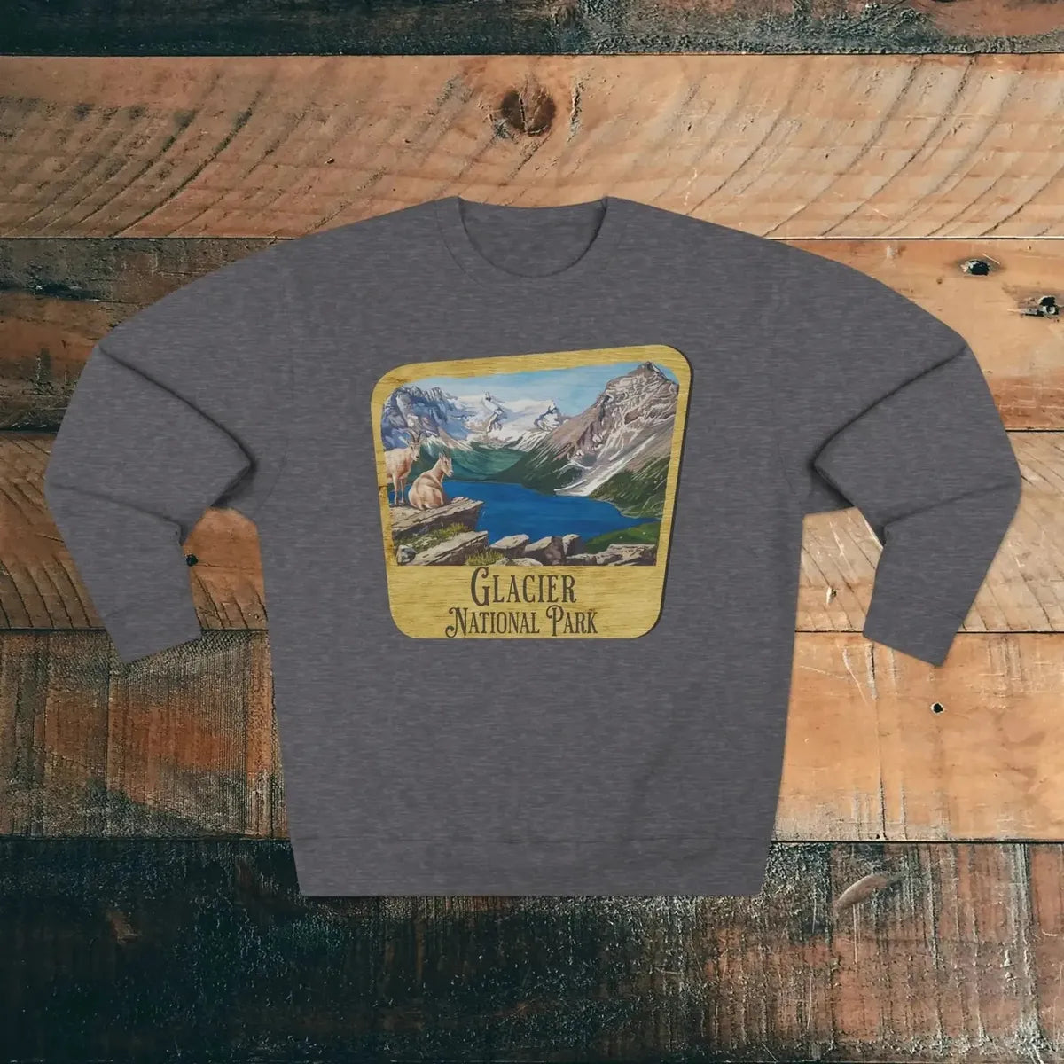 Glacier National Park wood sign crewneck sweatshirt detail or alternate product view
