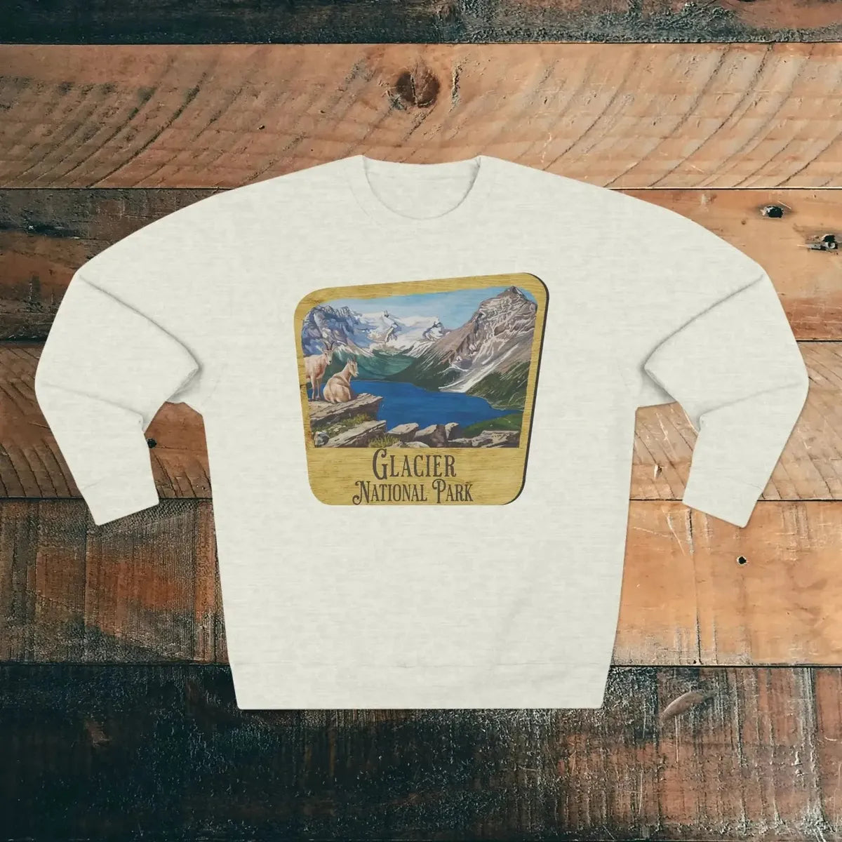 Glacier National Park wood sign crewneck sweatshirt shown in alternate apparel color