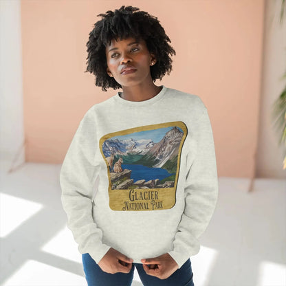 Glacier National Park wood sign crewneck sweatshirt shown in alternate apparel color