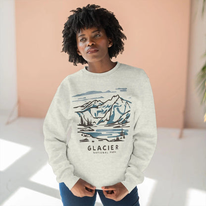 Glacier National Park watercolor line art crewneck sweatshirt shown in alternate apparel color