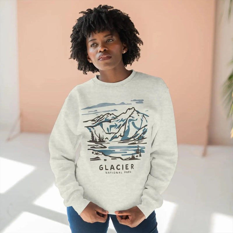 Glacier National Park watercolor line art crewneck sweatshirt shown in alternate apparel color