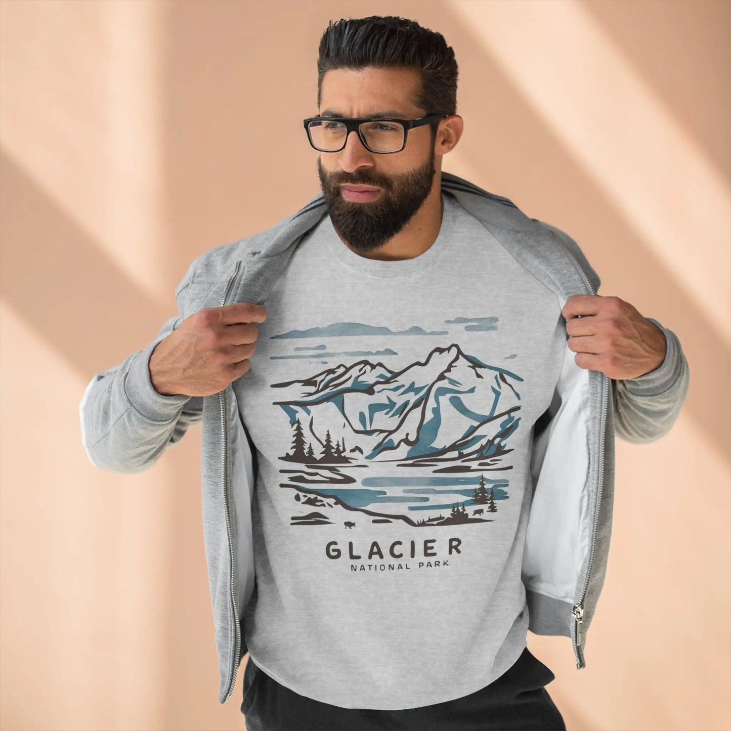 Glacier National Park watercolor line art crewneck sweatshirt shown in lifestyle or modeled setting