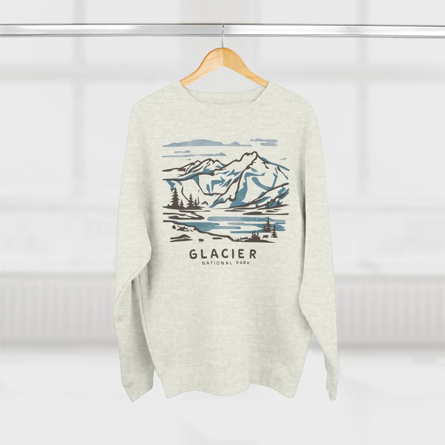 Glacier National Park watercolor line art crewneck sweatshirt shown in lifestyle or modeled setting