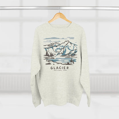 Glacier National Park watercolor line art crewneck sweatshirt shown in lifestyle or modeled setting