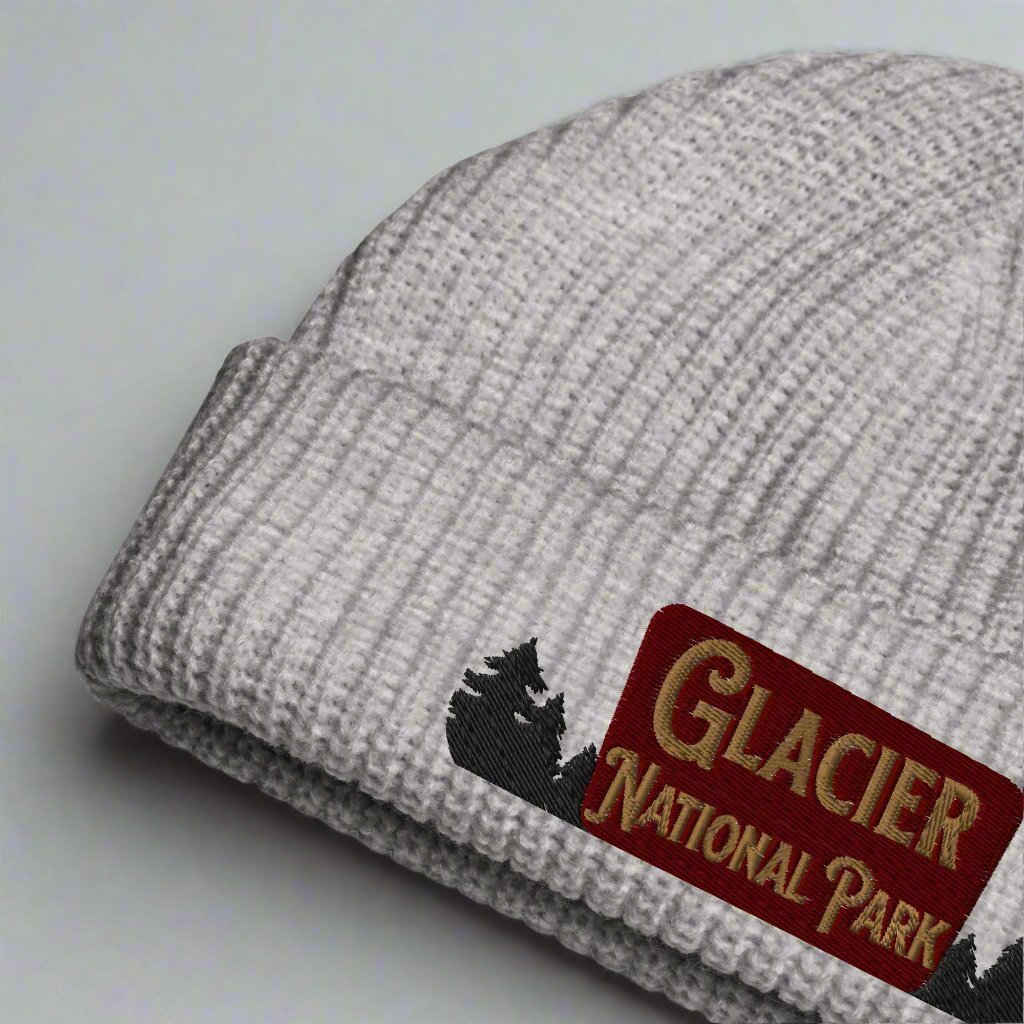 Glacier National Park embroidered fisherman style beanie shown in lifestyle or modeled setting