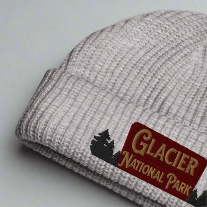 Glacier National Park embroidered fisherman style beanie shown in lifestyle or modeled setting