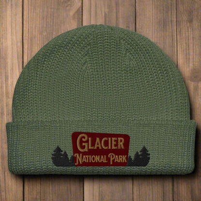 Glacier National Park embroidered fisherman style beanie shown in lifestyle or modeled setting
