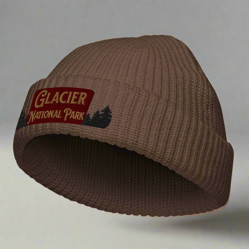 Glacier National Park embroidered fisherman style beanie shown from alternate product angle