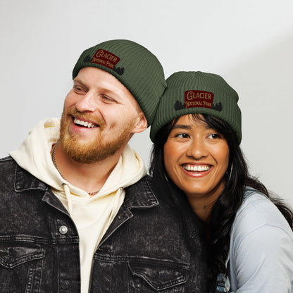 Glacier National Park embroidered fisherman style beanie shown from alternate product angle
