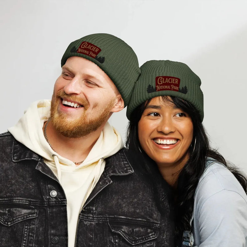 Glacier National Park embroidered fisherman style beanie shown from alternate product angle