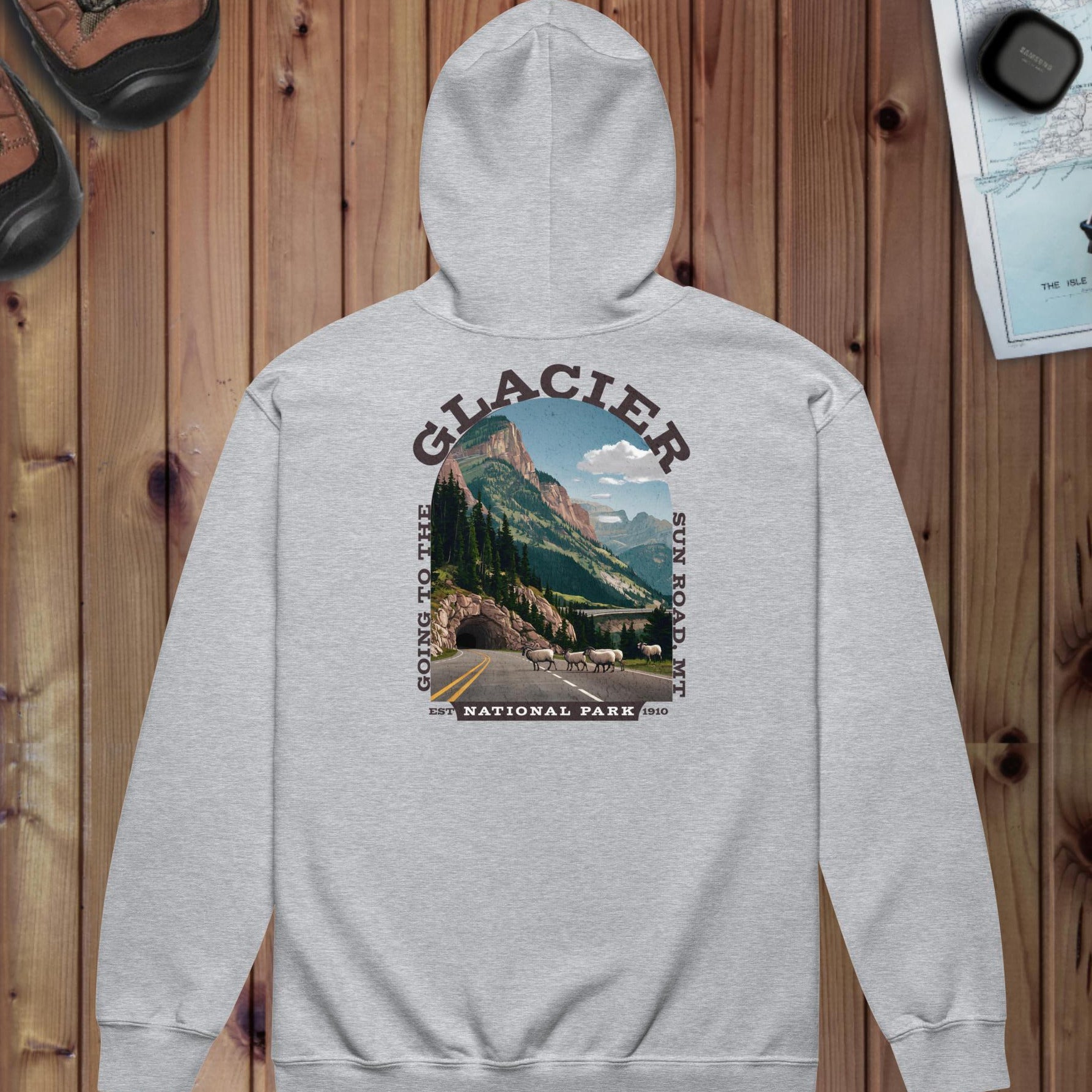 Glacier National Park full zip hoodie shown in lifestyle or modeled setting