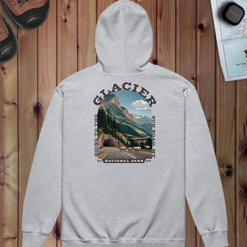 Glacier National Park full zip hoodie shown in lifestyle or modeled setting