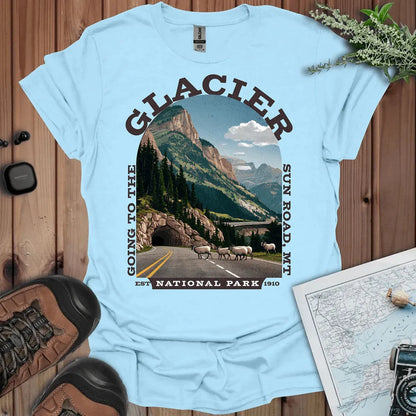 Glacier National Park Going-to-the-Sun Road graphic t-shirt shown in lifestyle or modeled setting