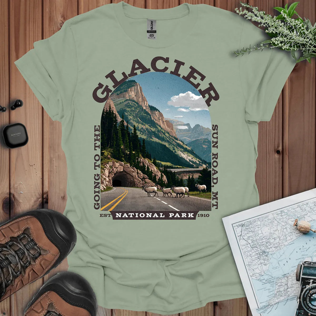 Glacier National Park Going-to-the-Sun Road graphic t-shirt shown from alternate product angle