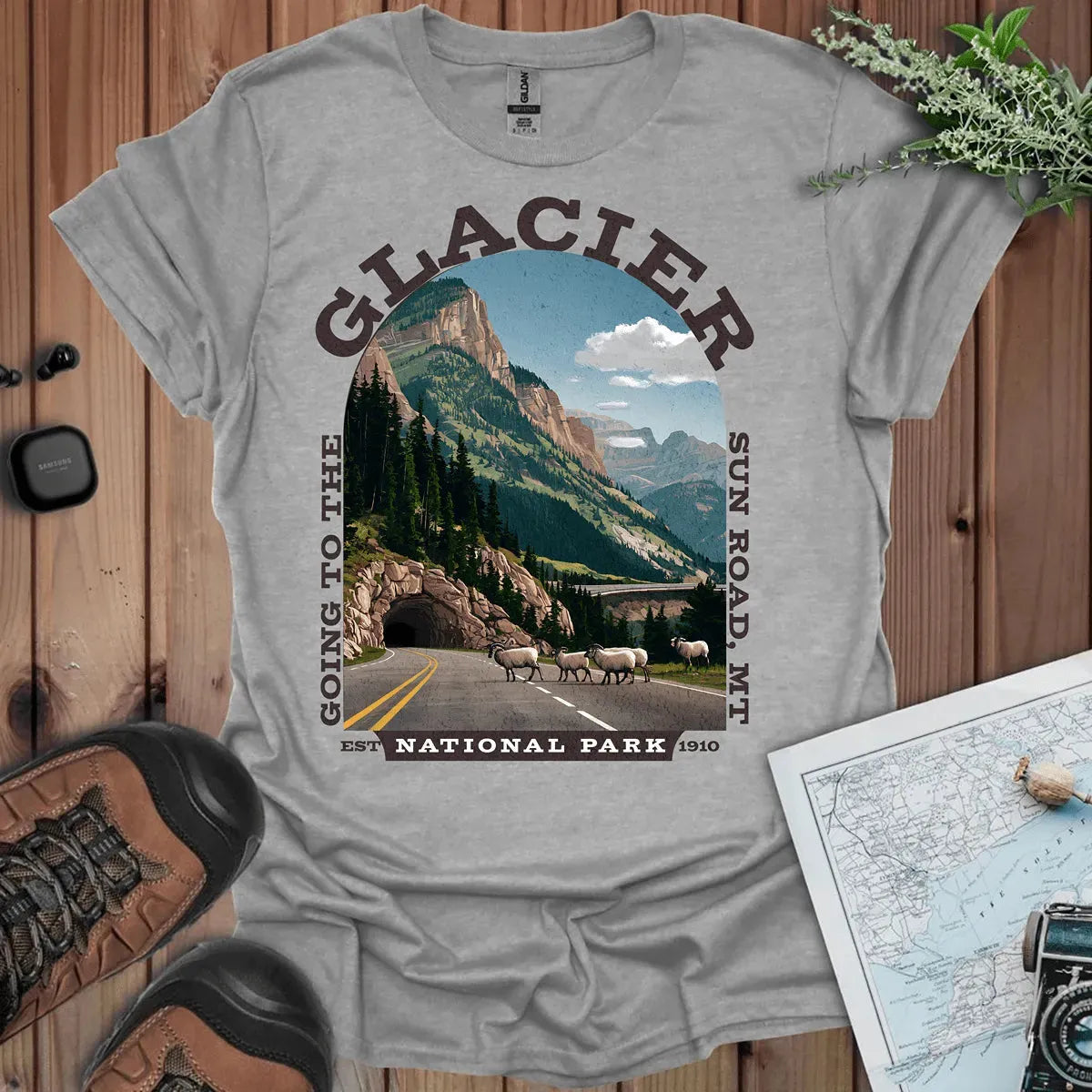 Glacier National Park Going-to-the-Sun Road graphic t-shirt shown from alternate product angle