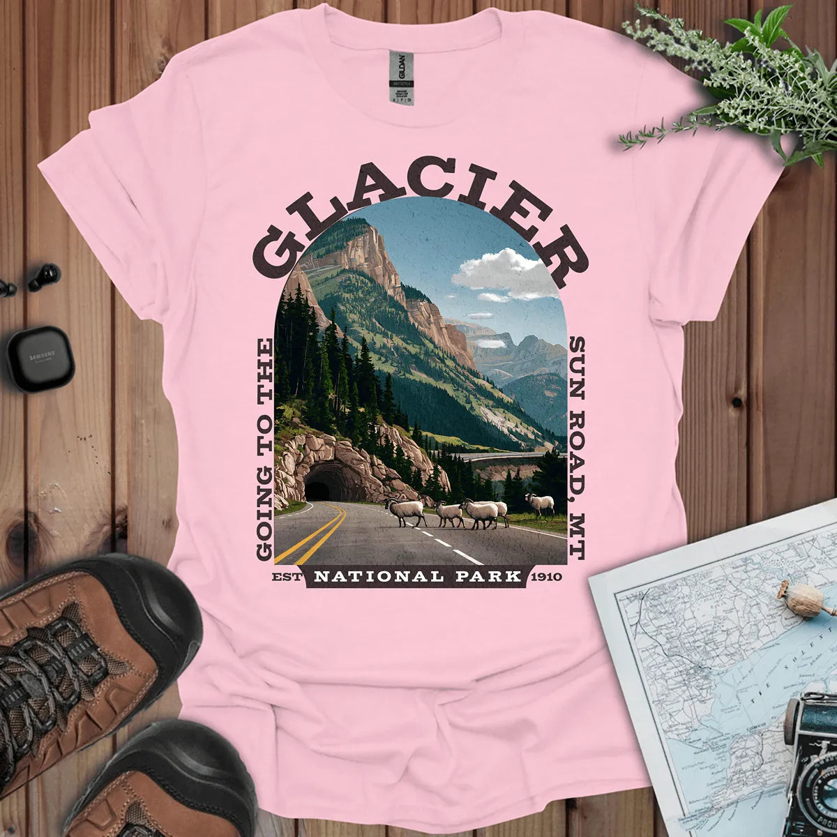 Glacier National Park Going-to-the-Sun Road graphic t-shirt shown in lifestyle or modeled setting