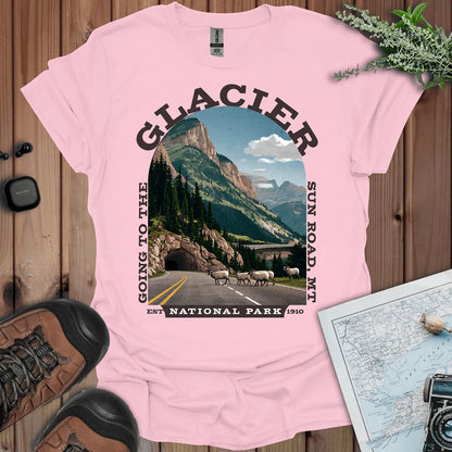 Glacier National Park Going-to-the-Sun Road graphic t-shirt shown in lifestyle or modeled setting