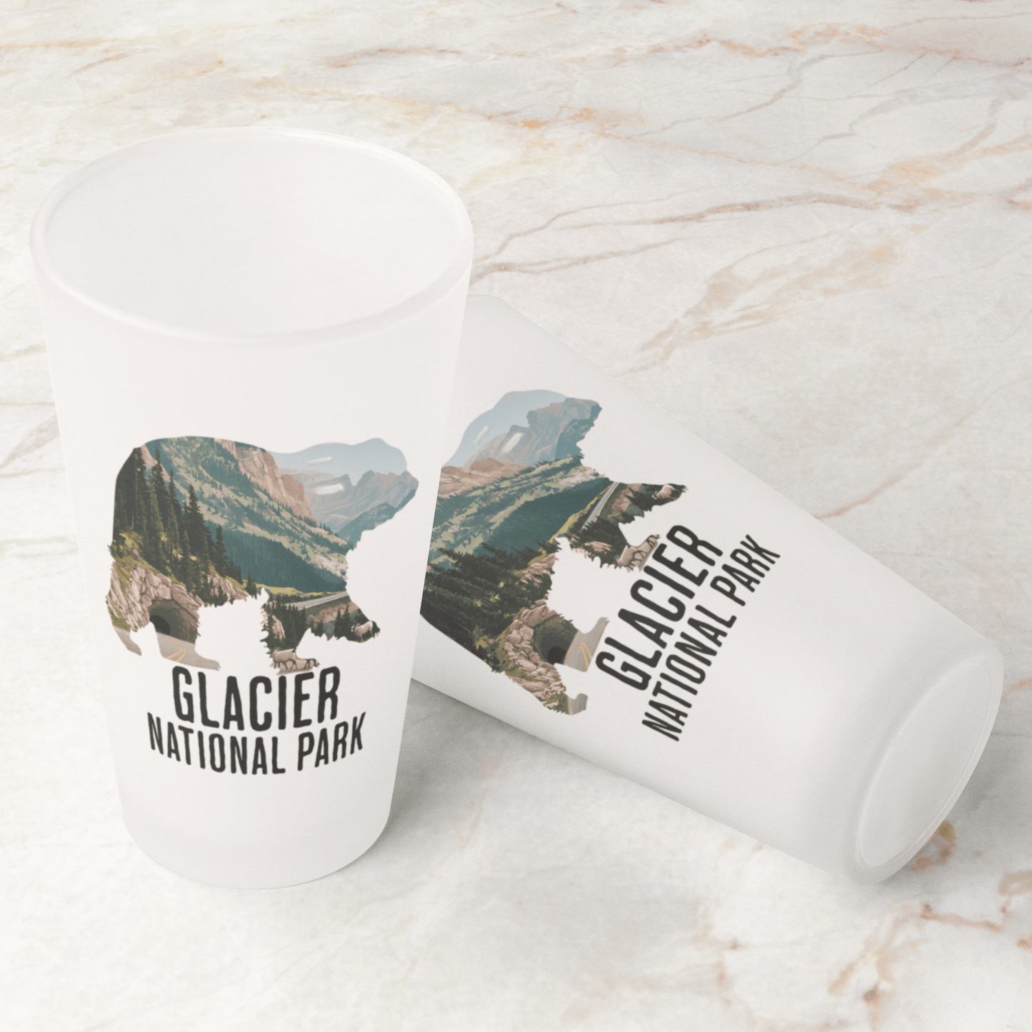 Glacier National Park grizzly bear frosted pint glass design detail or product variation