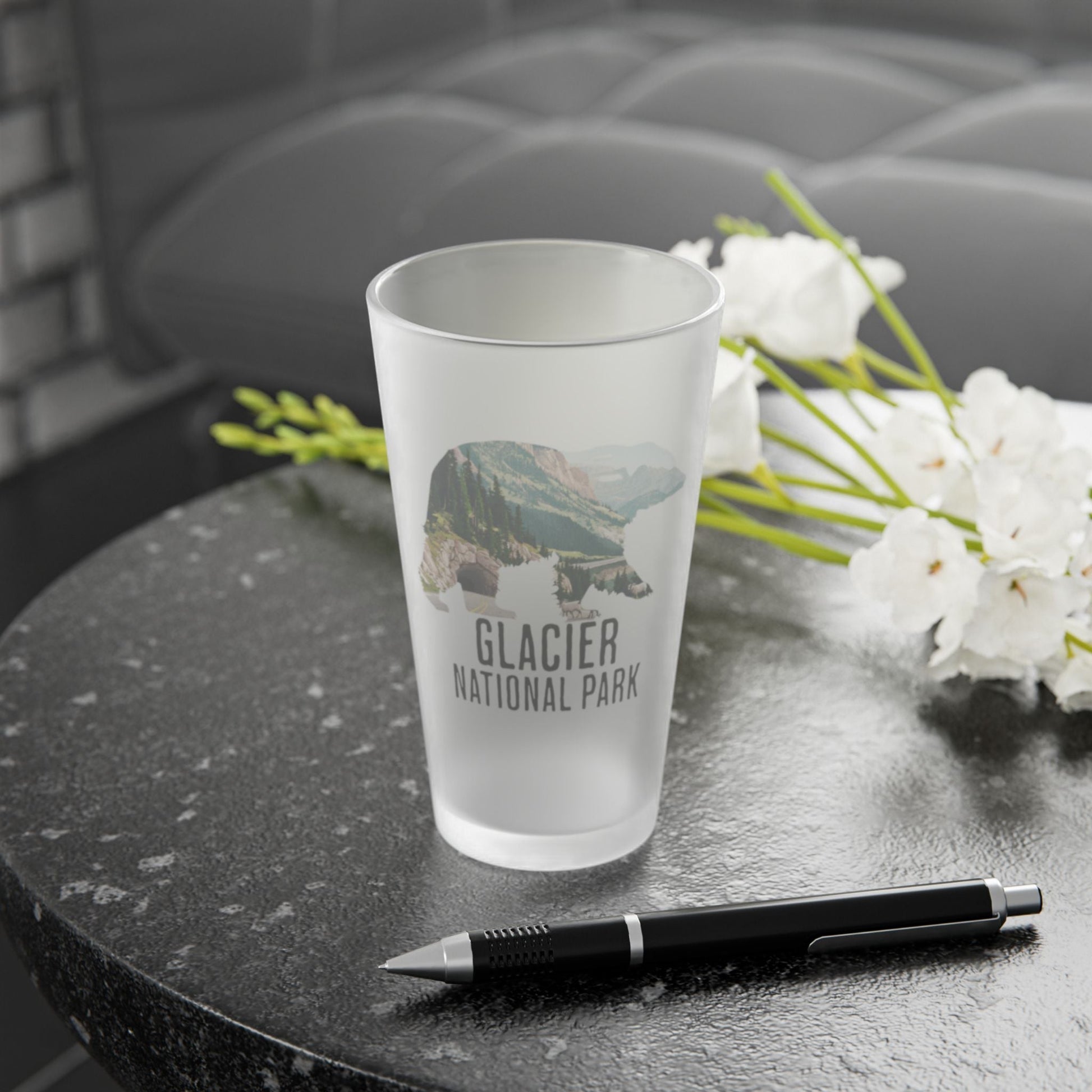 Glacier National Park grizzly bear frosted pint glass alternate product angle