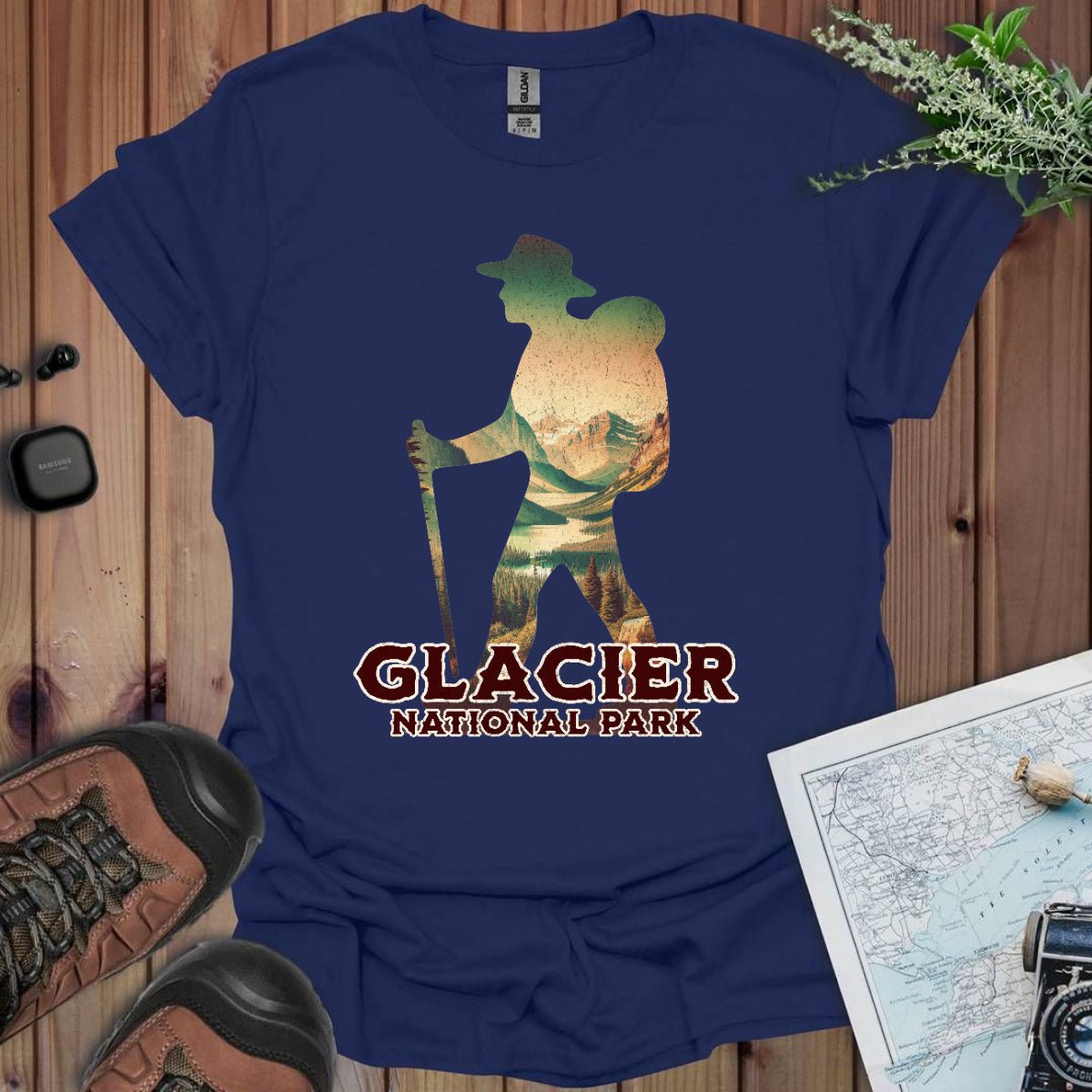 Glacier National Park hiker graphic t-shirt detail or alternate product view