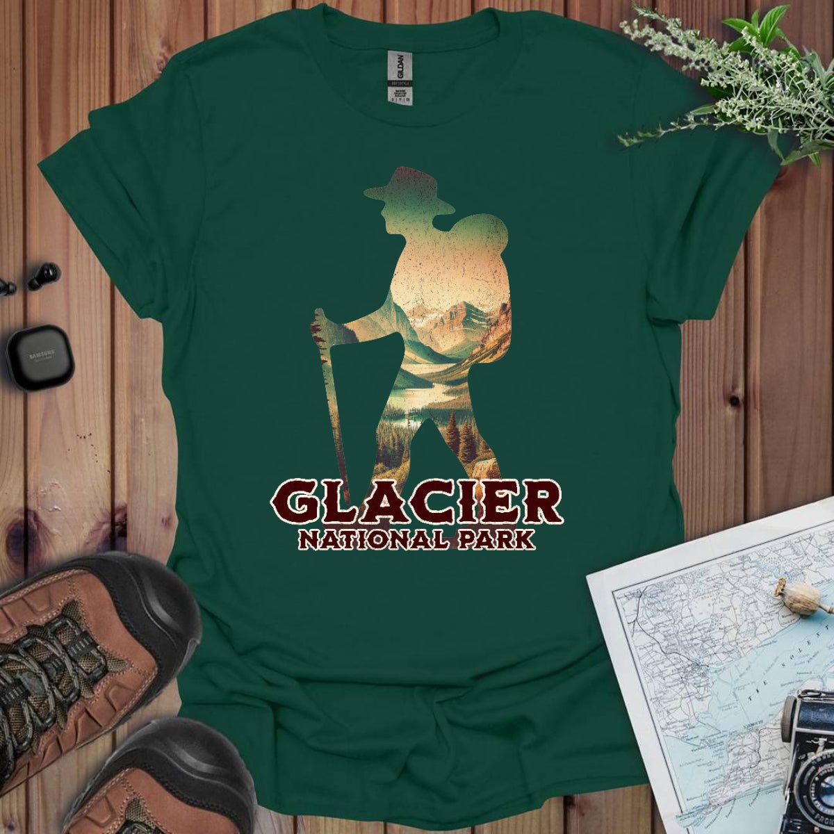 Glacier National Park hiker graphic t-shirt detail or alternate product view