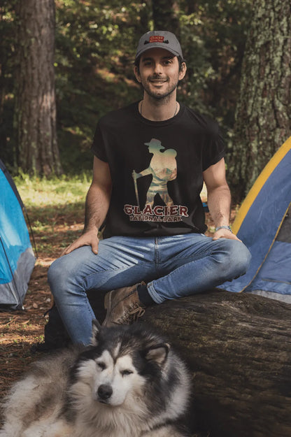 Glacier National Park hiker graphic t-shirt shown in lifestyle or modeled setting